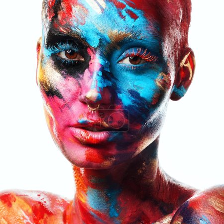 Kreativität hat Magie. eine attraktive junge Frau posiert allein im Atelier mit Farbe im Gesicht