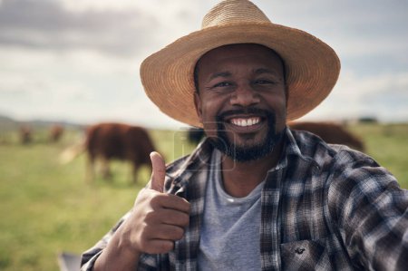 Foto de Hacerlo todo, desde lácteos hasta carne de res y todo lo demás. un hombre maduro dando un pulgar hacia arriba y tomando una selfie mientras trabaja en una granja de vacas - Imagen libre de derechos