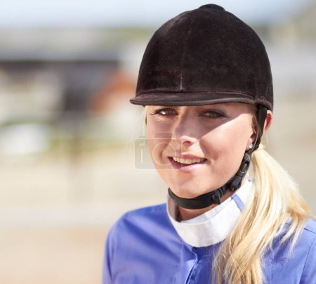 Photo for Woman smile, horse jockey and portrait of a young athlete on equestrian training ground for show and race. Outdoor, female person face and mockup on a animal farm for dressage with rider and horses. - Royalty Free Image