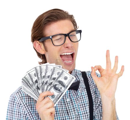 Photo for Ok sign, wink and man with dollars or money in studio isolated on a white background. Winner, okay hand and person with cash after lottery, competition or bonus prize, cashback and financial freedom - Royalty Free Image