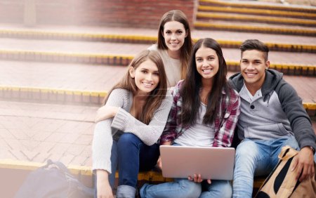 Photo for Portrait of friends with laptop on campus steps, happiness and online education in college with diversity. Learning, studying and students at university with smile, internet and future opportunity - Royalty Free Image