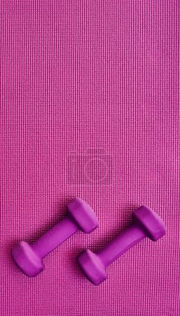 Photo for Theyre twins. High angle shot of two lightweight dumbbells placed on a pink background inside of a studio - Royalty Free Image