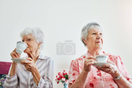 Téléchargez les photos : Ne pas déranger, le thé dans le processus. deux femmes âgées prenant le thé ensemble à la maison - en image libre de droit