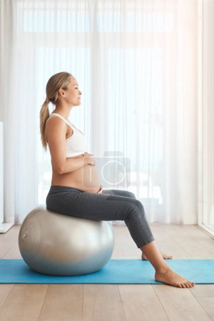 Foto de Facilitando su entrenamiento. una mujer embarazada haciendo ejercicio con una pelota de ejercicio en casa - Imagen libre de derechos