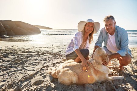 Téléchargez les photos : Les bonnes journées commencent à la plage. un couple d'âge mûr passe la journée à la plage avec son chien - en image libre de droit