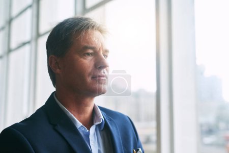 Photo for Hes always dreaming about ways to push his goals further. a mature businessman looking out the window in an office - Royalty Free Image