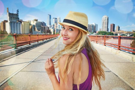 Photo for Happiness is a direction not a place. a smiling young woman walking around the city in the summertime - Royalty Free Image