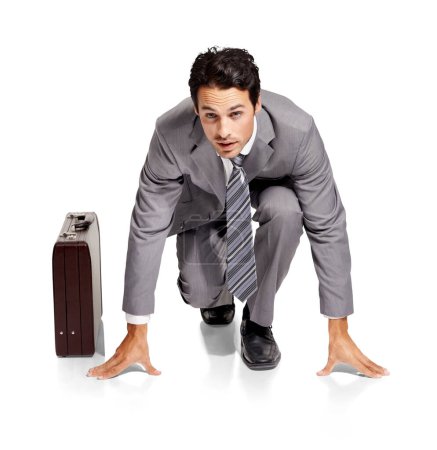 Photo for Portrait, ready or businessman in a run by a briefcase for in competition for a corporate career job. Entrepreneur in starting position to begin rat race isolated on transparent png background. - Royalty Free Image