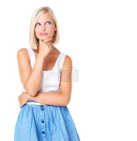 Photo for Woman is thinking with ideas, inspiration and memory with decision or choice isolated on transparent or png background. Young female, think with doubt and question with curious person. - Royalty Free Image