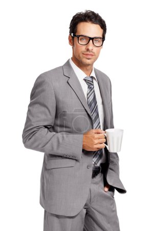 Photo for Coffee break, businessman holding a mug and in png or transparent background. Glasses, person dressed in formal or smart suit and male auditor or accountant keeping a cup of hot drink or tea. - Royalty Free Image