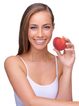 Photo for Red apple, portrait and happy woman isolated on transparent, png background for healthy food, diet and detox. Vegan person, nutritionist or model eating fruit for self care, lose weight and wellness. - Royalty Free Image