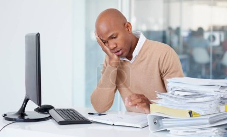 Photo for Business stress, pile of paperwork and black man overworked, exhausted and tired in office. Burnout, stack of documents and male worker with depression, fatigue and overwhelmed in workplace - Royalty Free Image