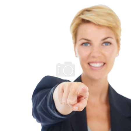 Photo for Im choosing you for the promotion. Portrait of a young businesswoman pointing towards you - Royalty Free Image