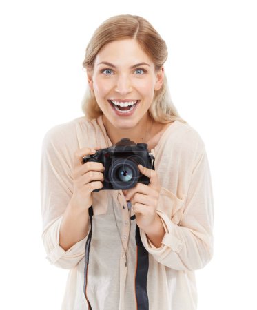 Photo for Lets take some pictures. Studio shot of a beautiful young woman holding a camera against a white background - Royalty Free Image