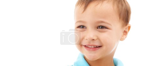 Photo for Hes always been a happy boy. Closeup studio shot of an adorable young boy isolated on white - Royalty Free Image