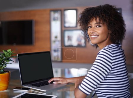Photo for Laptop, portrait and woman for work from home opportunity, creative freelancer career and happy job mindset. Face of young African person or remote worker smile while working on computer screen. - Royalty Free Image