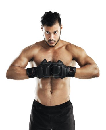 Foto de Está listo para ti. Estudio de un joven en forma con guantes de boxeo sobre un fondo blanco - Imagen libre de derechos