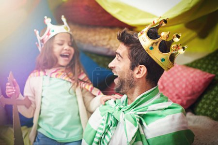 Photo for Fantasy, child dress up and dad with princess fun in a bedroom fort with costume, girl and papa together. Play castle, happiness and smile with father and child in home laughing and happy about game. - Royalty Free Image