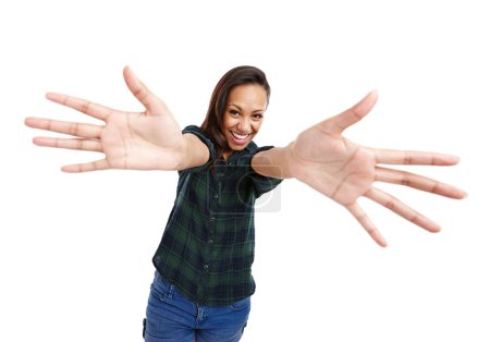 Photo for Double high five. Portrait of an attractive young woman standing with her hands outstretched towards the camera isolated on white - Royalty Free Image