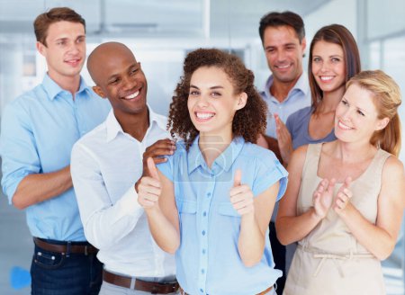 Photo for Business people, portrait smile and thumbs up for success, promotion or winning at office. Group of employees in celebration applause showing thumb emoji, yes sign or like for teamwork at workplace. - Royalty Free Image