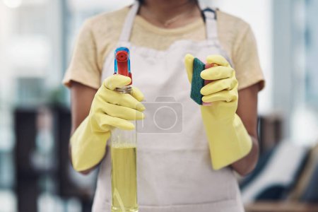 Photo for Time to eliminate those germs. an unrecognisable woman using rubber gloves and disinfectant to clean her home - Royalty Free Image