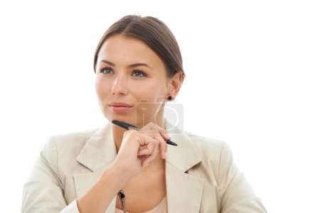 Photo for Business is on her mind. A close-up studio shot of a young businesswoman looking away thoughtfully isolated on a white background - Royalty Free Image