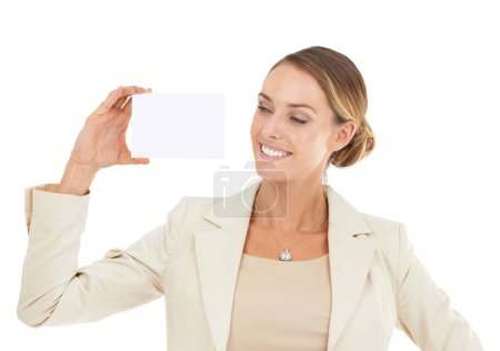 Photo for Business solutions can be found right here...An attractive businesswoman holding a blank card - Royalty Free Image