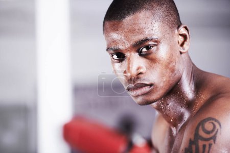 Foto de El trabajo duro cosecha recompensas. Un joven boxeador con determinación y enfoque en sus ojos - Imagen libre de derechos