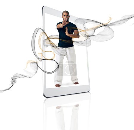 Photo for Portrait, mobile app and man with move, karate and fitness isolated against a white studio background. Face, male person and athlete with smartphone, screen and movements for health and wellness. - Royalty Free Image
