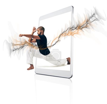 Photo for Karate, technology and man with fitness, routine and model isolated against a white studio background. Male person, athlete and guy with smartphone, mobile app and training for wellness and health. - Royalty Free Image