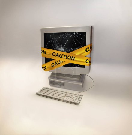 Foto de Computadora, virus y pantalla rota con advertencia y malware con 404 y cinta de precaución. Cibernético, error de conexión y problema de tecnología en un fondo de estudio con la seguridad del sitio web y PC fallar. - Imagen libre de derechos