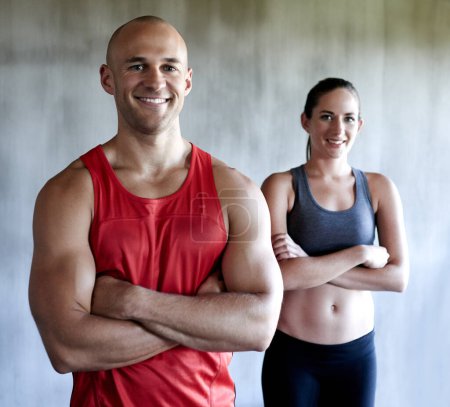 Photo for Happy people, fitness and portrait smile with arms crossed in confidence for workout, exercise or training at gym. Strong, fit or confident man or woman personal trainer ready for exercising together. - Royalty Free Image