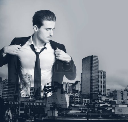 Photo for Business man, double exposure and skyline for suit style employee with mock up. Male worker, prepare and urban cityscape with downtown overlay on corporate businessman in black and white art effect. - Royalty Free Image