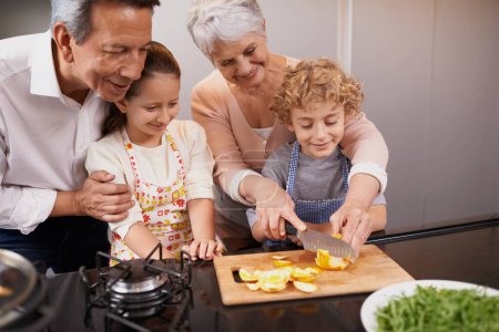 Téléchargez les photos : Nourriture, enfants heureux ou grands-parents enseignent la cuisine pour un dîner sain avec des fruits ou des légumes à la maison. Enfants apprenant, couteau ou grand-mère avec vieil homme ou alimentation repas nutrition dans la cuisine. - en image libre de droit