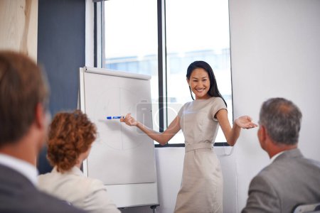 Photo for Do you have any ideas. a young businesswoman leading a work seminar with the aid of a whiteboard - Royalty Free Image