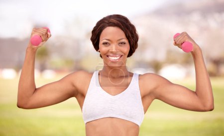 Photo for Weightlifting, fitness and portrait of black woman in park for exercise, body builder training and workout. Sports, muscle and happy female athlete flex for wellness, healthy lifestyle and strength. - Royalty Free Image
