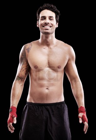 Photo for Boxer, body and portrait on black background in studio with professional training at the gym. Man, model and boxing champion train for fight at a competition during a workout for fitness and muscle - Royalty Free Image