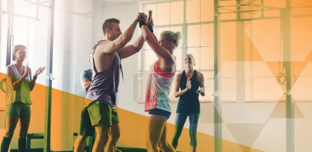 Photo for Fitness, group and high five to celebrate success for exercise, workout or training goal or win. Men and women happy applause for sport challenge, motivation or achievement at gym with mockup overlay. - Royalty Free Image
