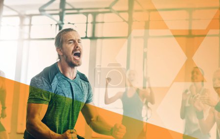 Photo for Fitness, man and shout to celebrate success for exercise, workout and training goals. Sports person happy about mockup overlay for power challenge, win or performance achievement at wellness club. - Royalty Free Image
