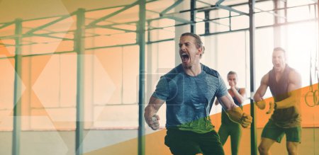 Photo for Man, fitness and celebrate exercise or gym workout and training goals or win. Sports group happy about mockup overlay space for power challenge, success or achievement at health and wellness club. - Royalty Free Image