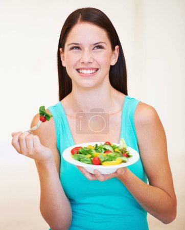 Photo for Woman, thinking and salad or healthy food with vegetables, nutrition and health benefits. Face of a happy female person on a nutritionist diet and eating vegan for weight loss, wellness or detox idea. - Royalty Free Image
