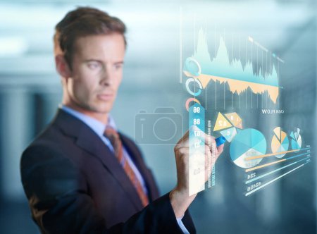 Photo for Charts, future and man with hologram, digital interface and check investment for growth and planning. Male person, accountant and employee with graphs, innovation and planning for futuristic finances. - Royalty Free Image