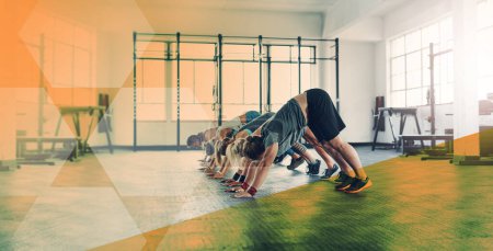 Photo for Push up, fitness and group of people at gym for exercise, workout and training in class. Athlete men and women together for power challenge, commitment and balance at a club with a mockup overlay. - Royalty Free Image