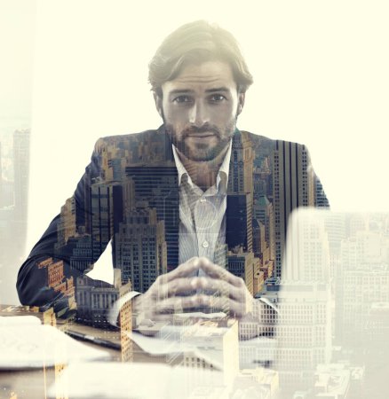 Photo for Lets talk business. Multiple exposure portrait of a businessman in his office superimposed over a city - Royalty Free Image