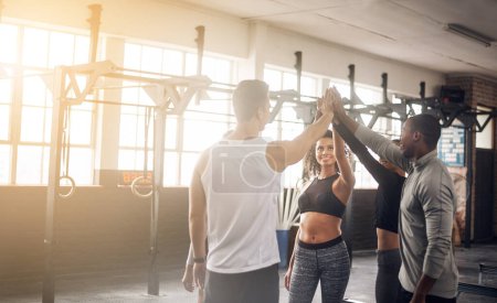 Photo for Celebrate, high five and teamwork of people in gym for fitness, team building or solidarity. Collaboration, group of happy friends and celebration for workout targets, goals or support for motivation. - Royalty Free Image