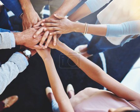 Photo for Business people, hands together and office worker group with support, motivation and solidarity gesture. Above, hand in and success of teamwork and staff with workplace community and achievement. - Royalty Free Image