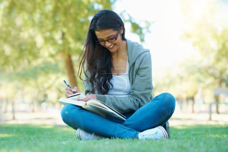 Foto de Preparándose para los exámenes. Una estudiante estudiando su libro de texto en el parque - Imagen libre de derechos
