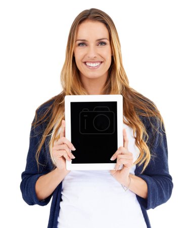 Photo for Woman portrait, tablet and mockup on screen isolated on a white background for website advertising and space. Happy person, model or digital user on online technology, application and promo in studio. - Royalty Free Image