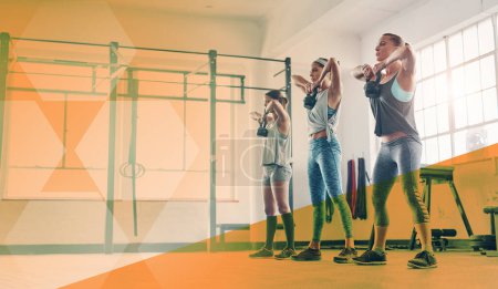 Photo for Fitness, group and women at gym for kettlebell exercise, workout and training. Athlete people together for strong muscle, commitment or challenge at wellness club or class with strength overlay. - Royalty Free Image