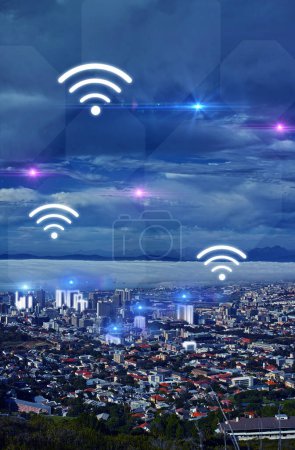 Photo for Connection, night and overlay landscape of the city with internet web access and network. Digital, dark sky and s town with cyber accessibility, connectivity and icon in the evening for networking. - Royalty Free Image